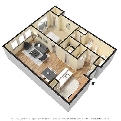 Floor plan for 1 bed, 1 bath, 733 sqft